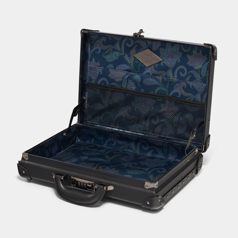 Open product view of the briefcase Industrialist fibreboard suitcase in black with navy paisley print lining