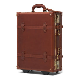 Angled product view of the carry-on Pioneer leather suitcase in brown