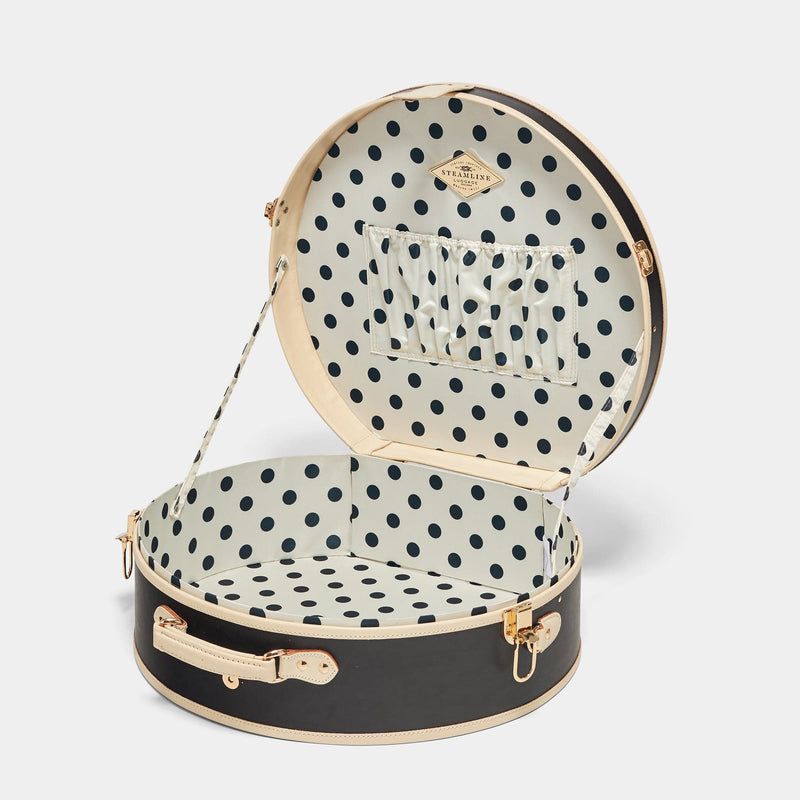 Open product view of the deluxe hatbox Starlet fibreboard suitcase in black with polka-dot printed lining