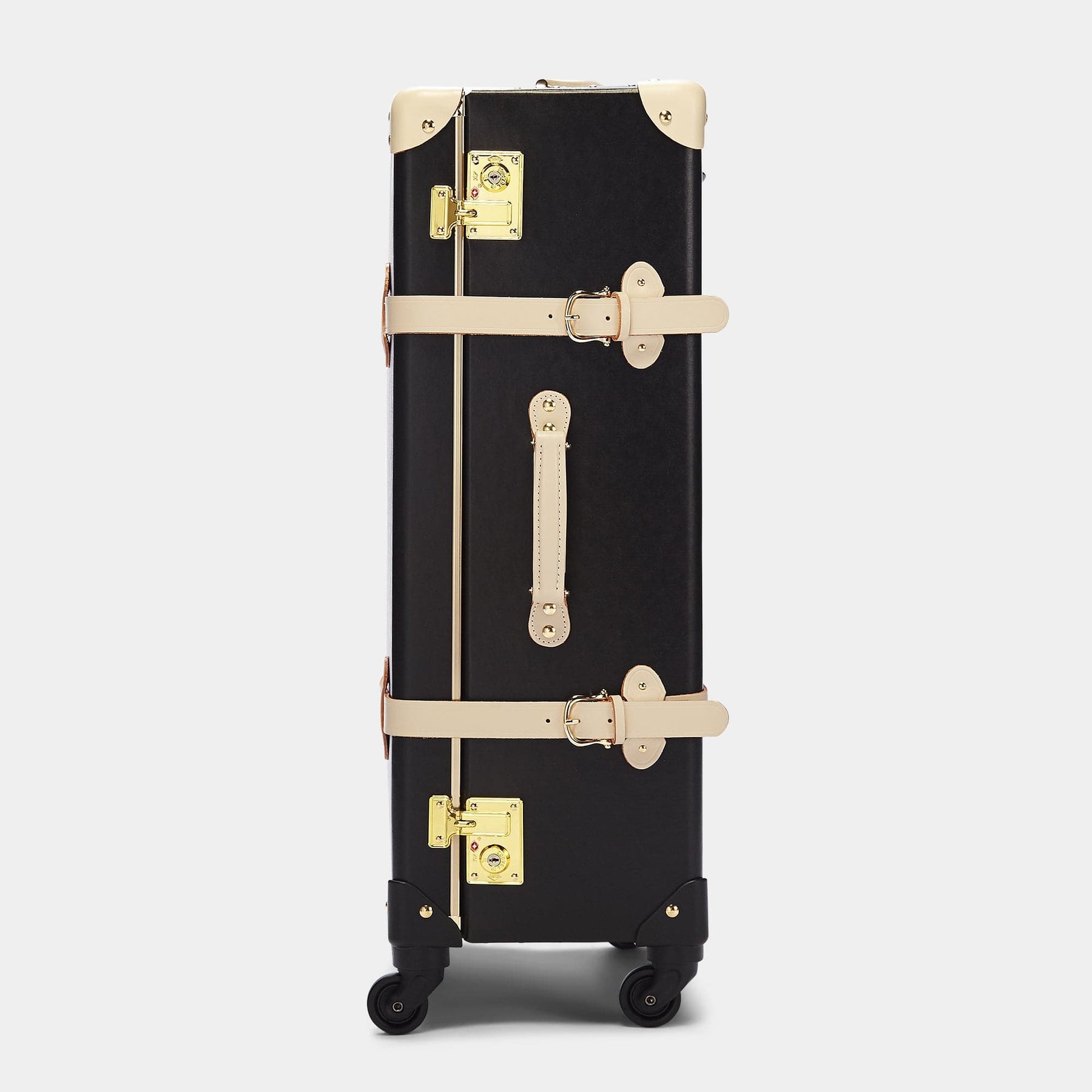 Side product view of the check-in spinner Starlet fibreboard suitcase in black