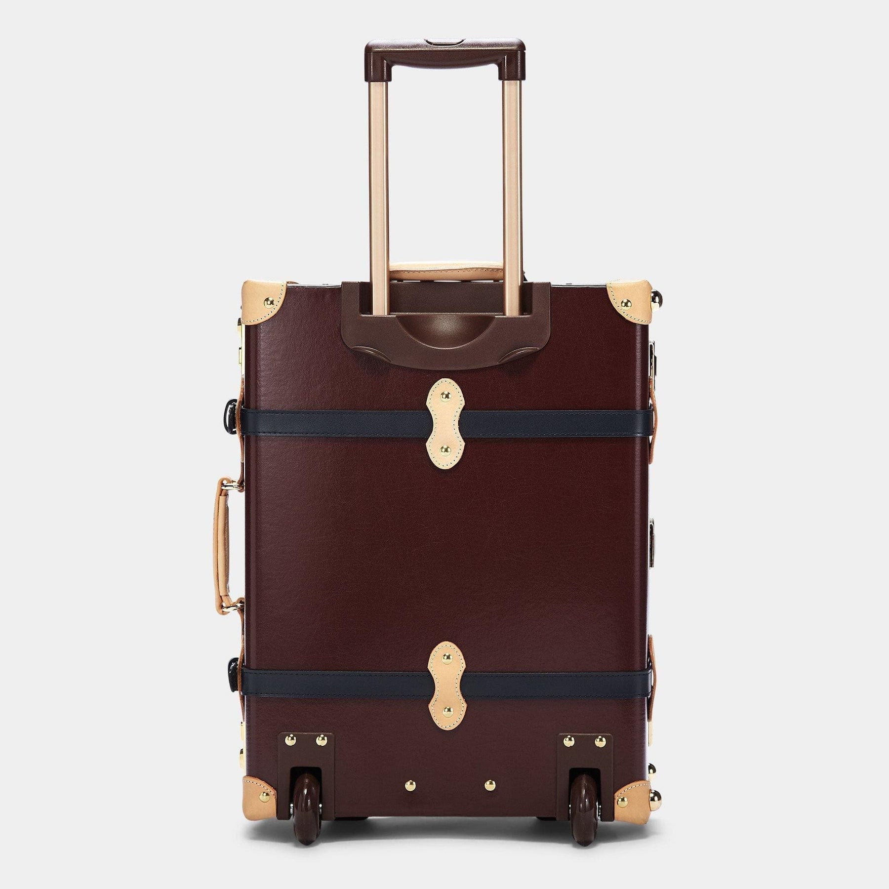 Back product view of the carry-on Architect leather suitcase in burgundy with raised handle