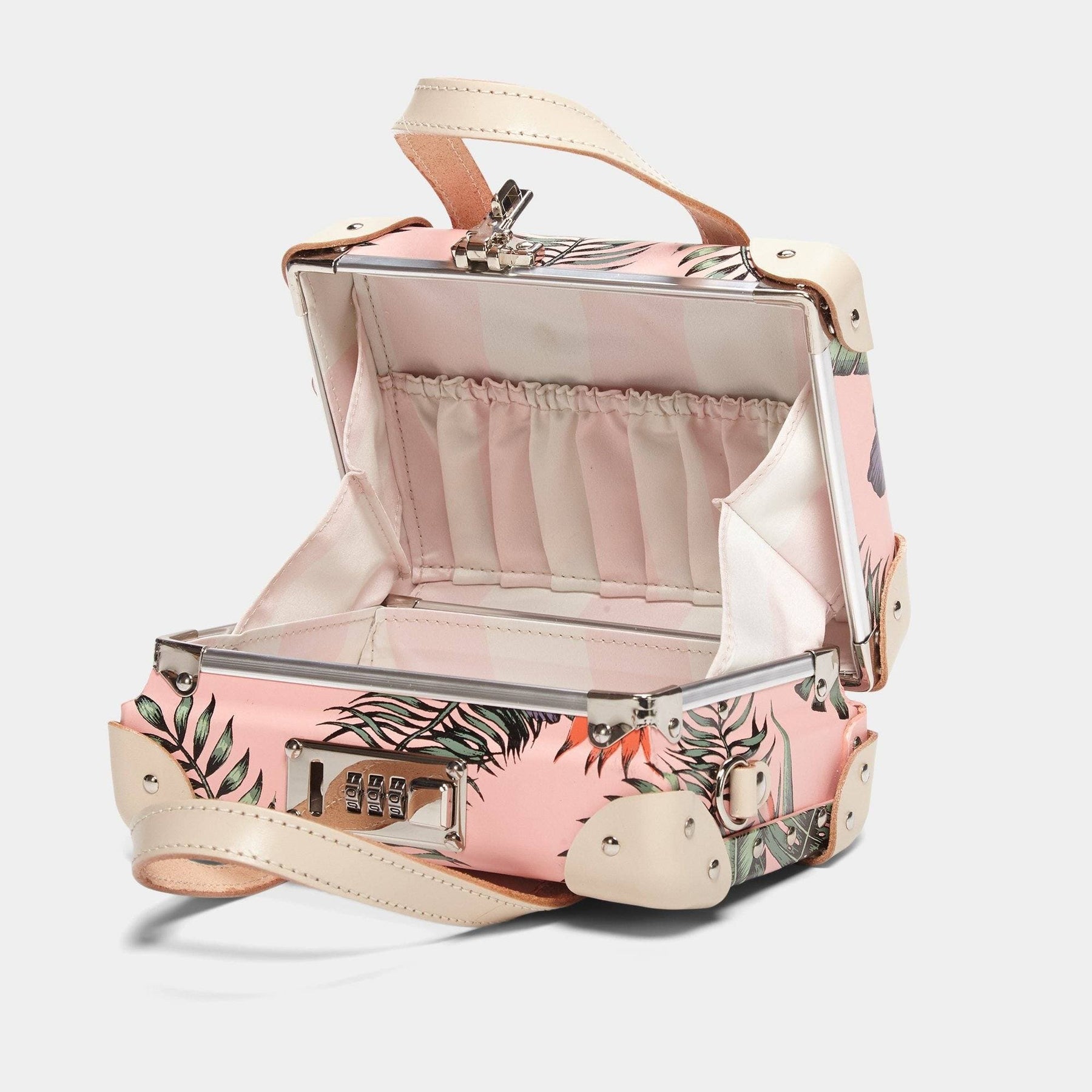 Open product view of the mini Botanist fibreboard suitcase in pink with pink and ivory stripe printed lining