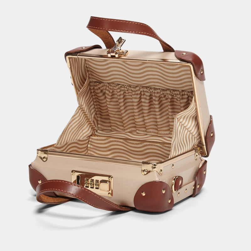 Open product view of the mini Diplomat leather suitcase in cream with snaffle-bit printed lining