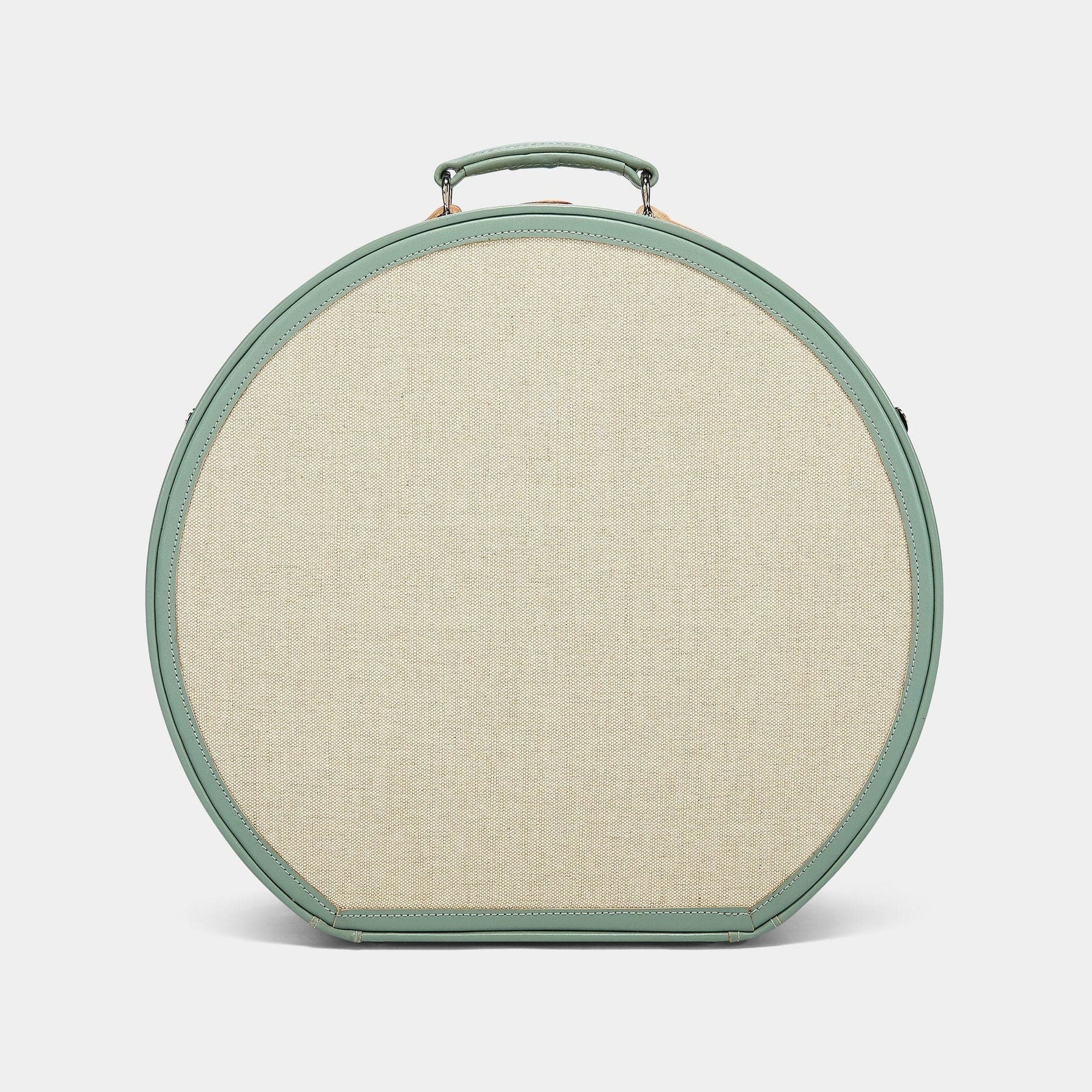 Back product view of the deluxe hatbox Editor linen suitcase with sea green trims
