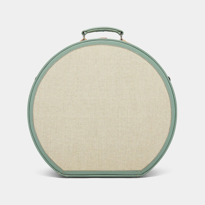 Back product view of the deluxe hatbox Editor linen suitcase with sea green trims