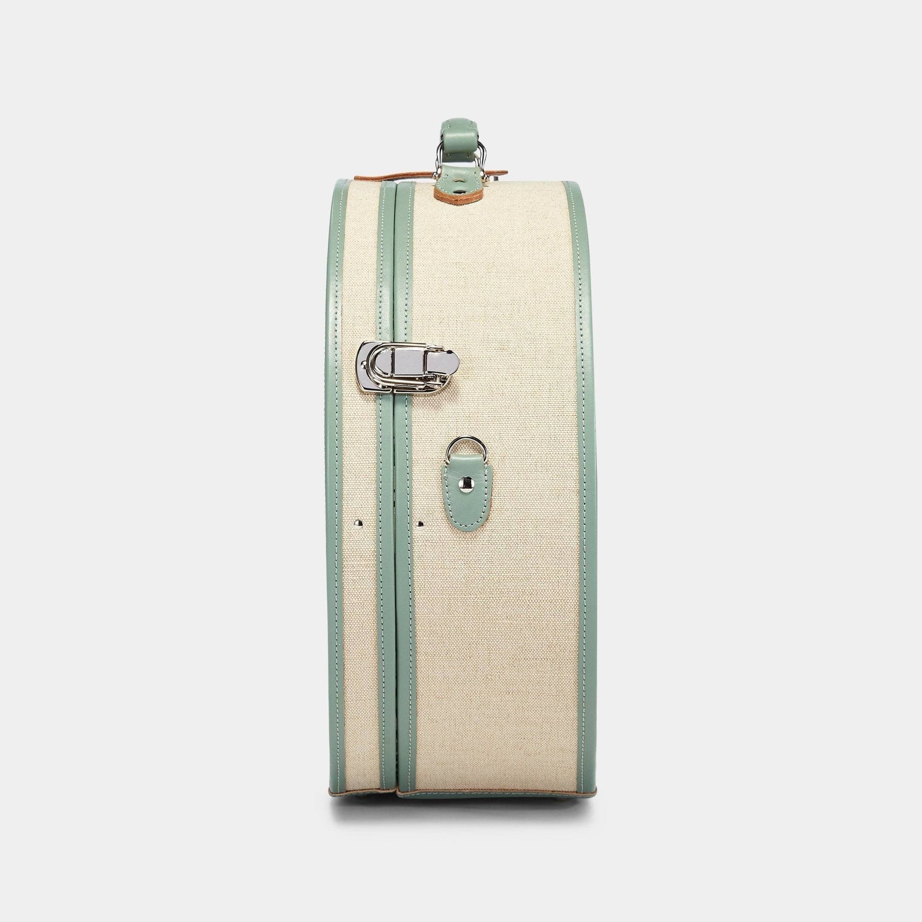 Side product view of the deluxe hatbox Editor linen suitcase with sea green trims