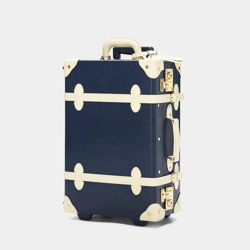 Angled product view of the carry-on Entrepreneur vegan leather suitcase in navy