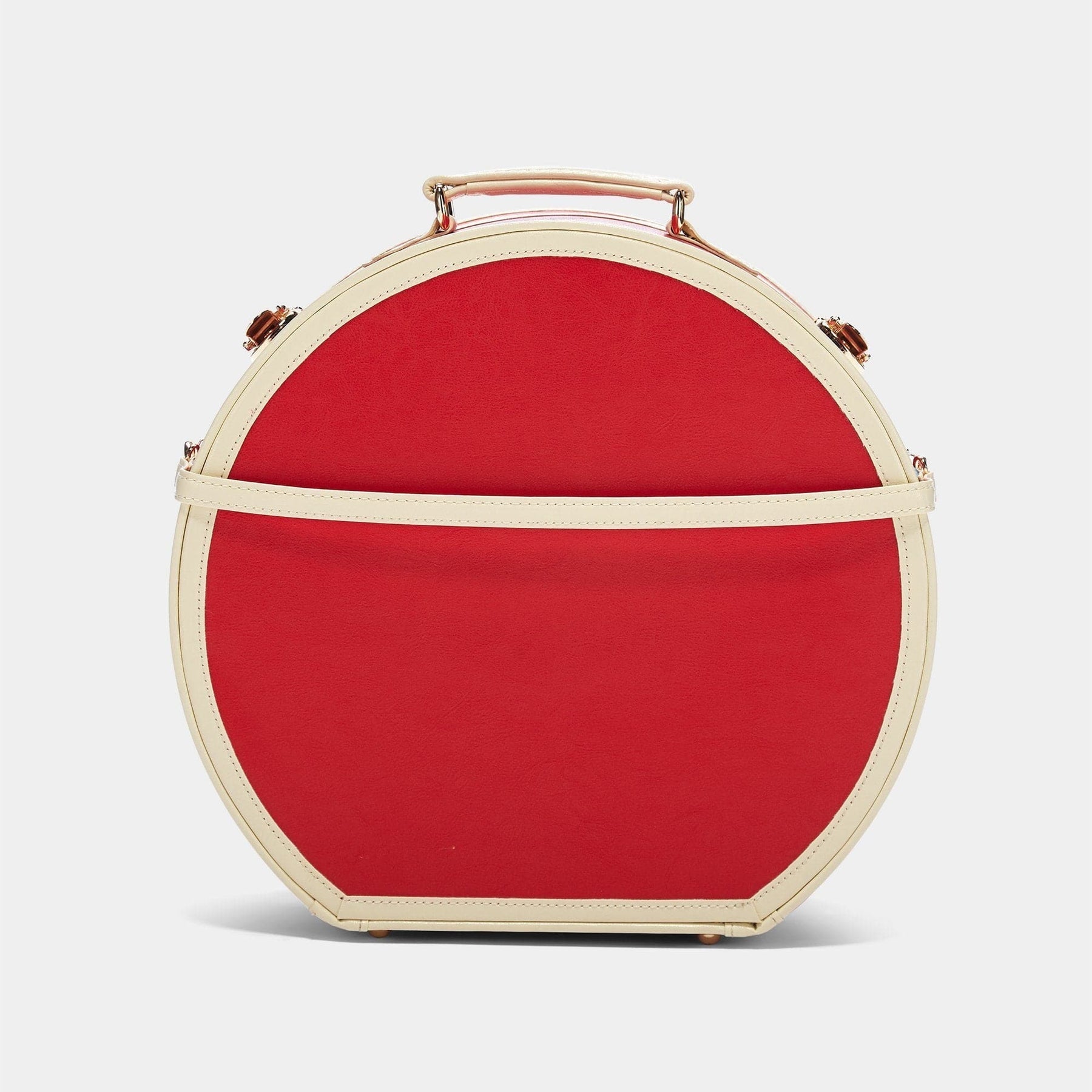 Back product view of the large hatbox Entrepreneur vegan leather suitcase in lipstick red with detachable suitcase strap