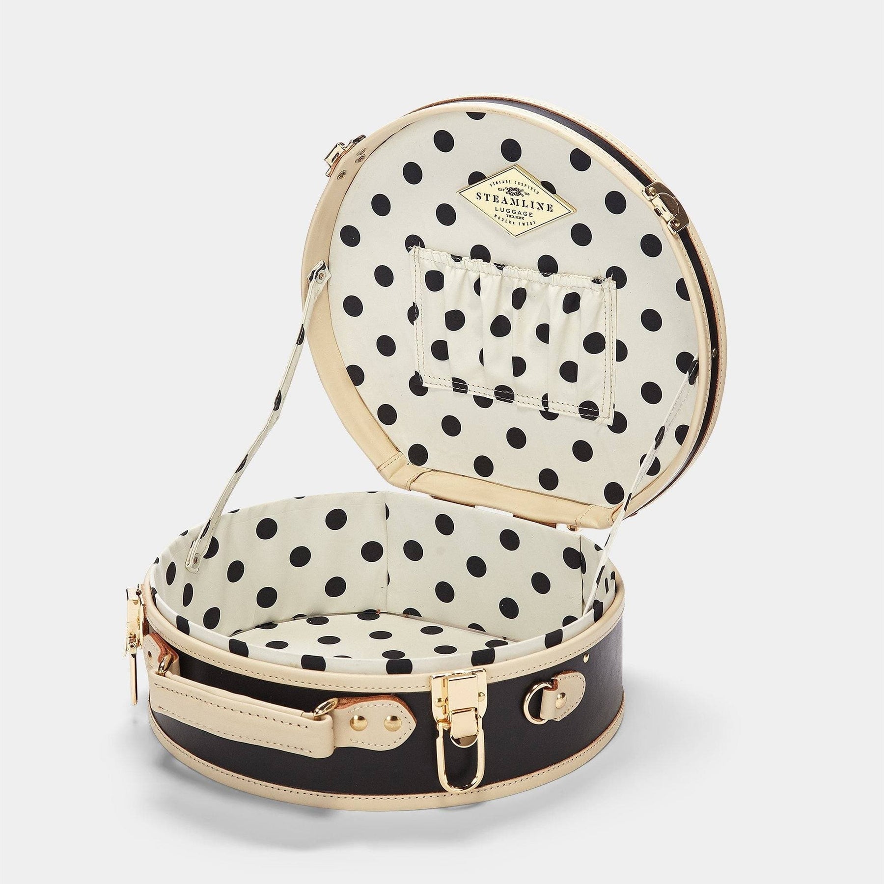 Open product view of the small hatbox Starlet fibreboard suitcase in black with polka-dot printed lining