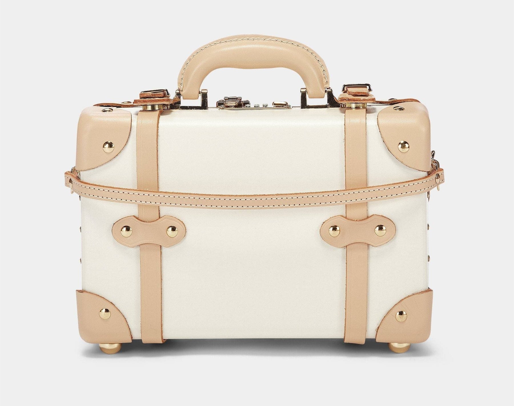 Product view of the vanity Sweetheart fibreboard suitcase in cream with detachable suitcase strap