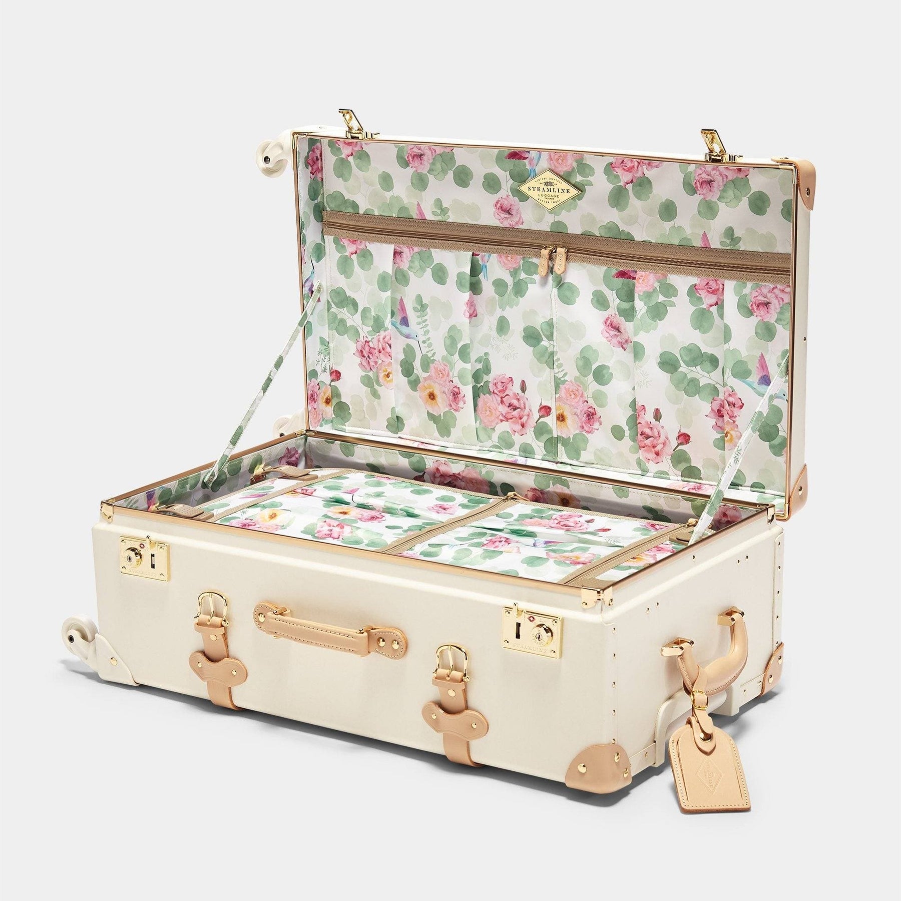 cream check in spinner vintage luggage with inner floral lining