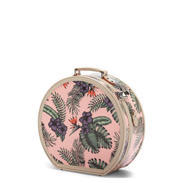 Angled product view of the large hatbox Botanist fibreboard suitcase in pink