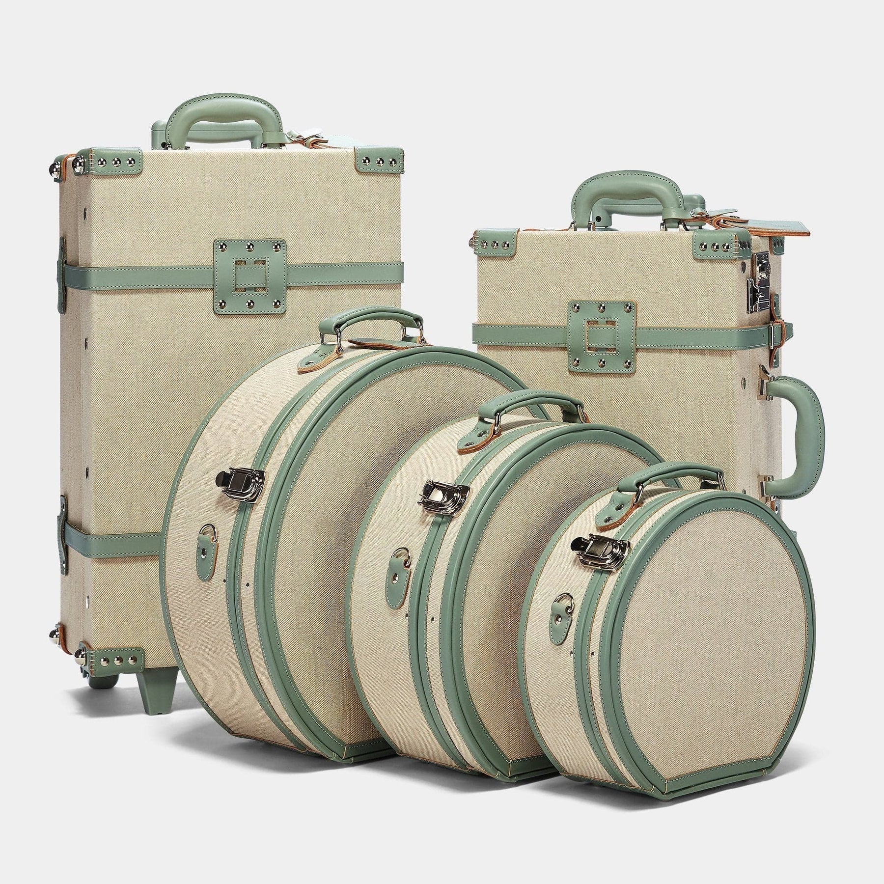 Designer luggage set of The Editor linen suitcase with sea green trims
